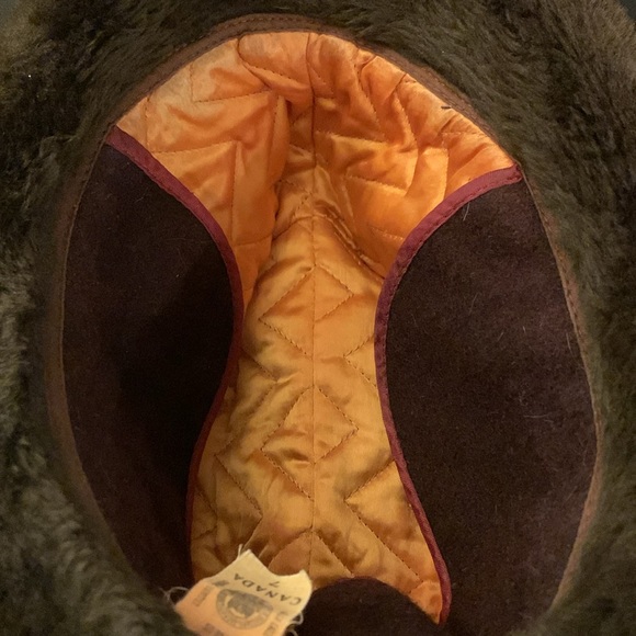 Vintage Faux Fur Brown and White Plaid Fedora Hat with Earflaps and Feather - Picture 8 of 8